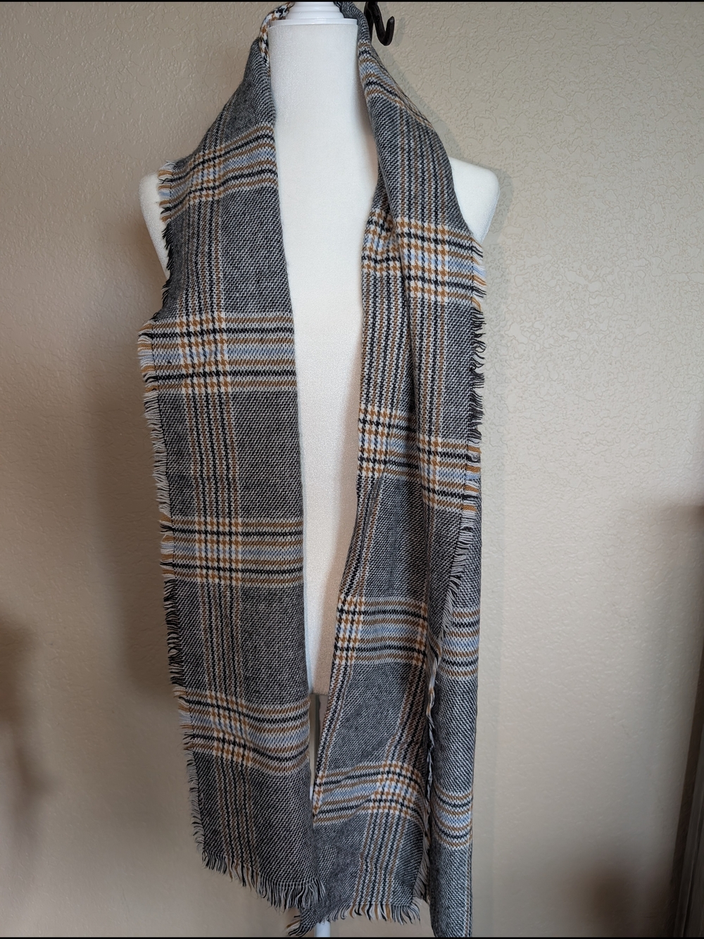 Buckle Gray and Tan Plaid Scarf Wrap